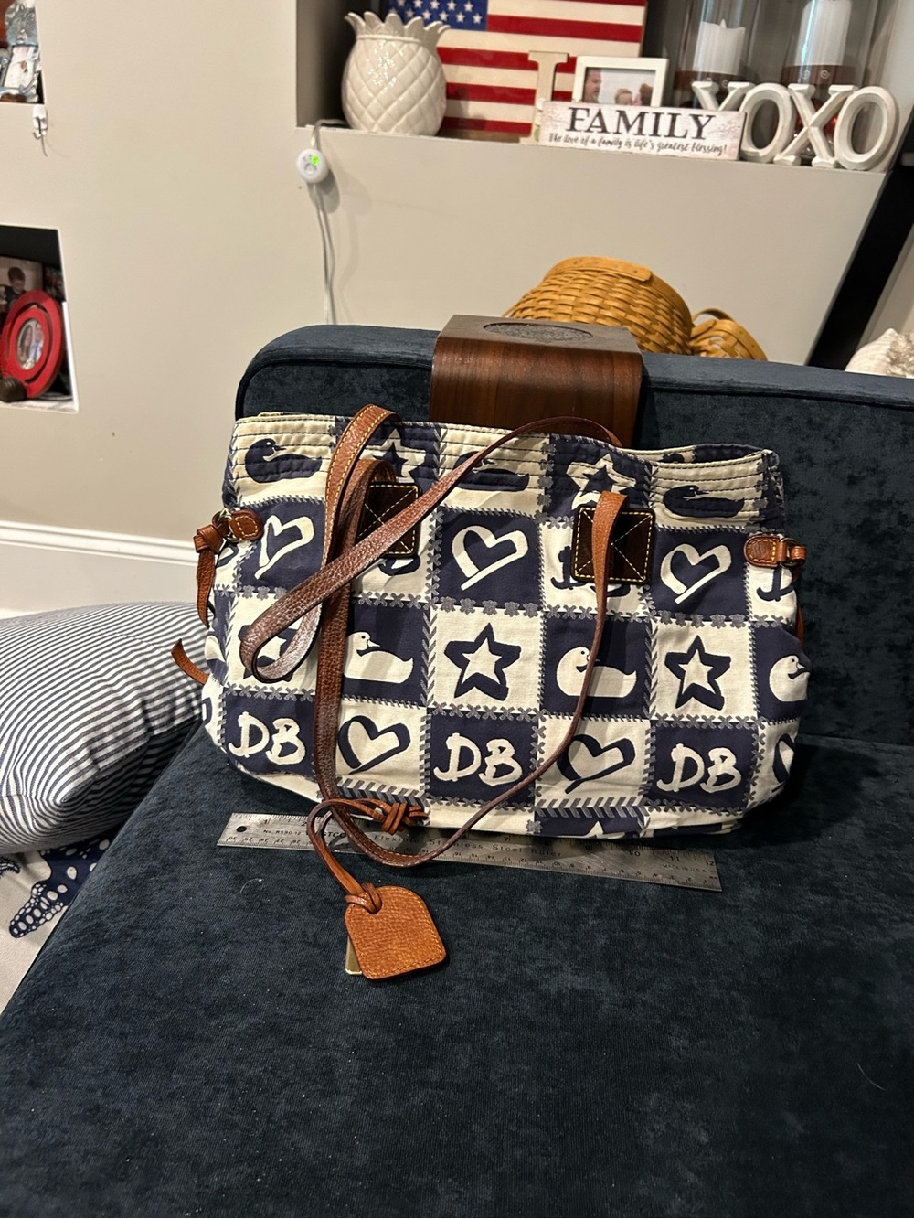 Dooney & Bourke Navy and Cream Patchwork Shoulder Bag with Brown Leather Trim